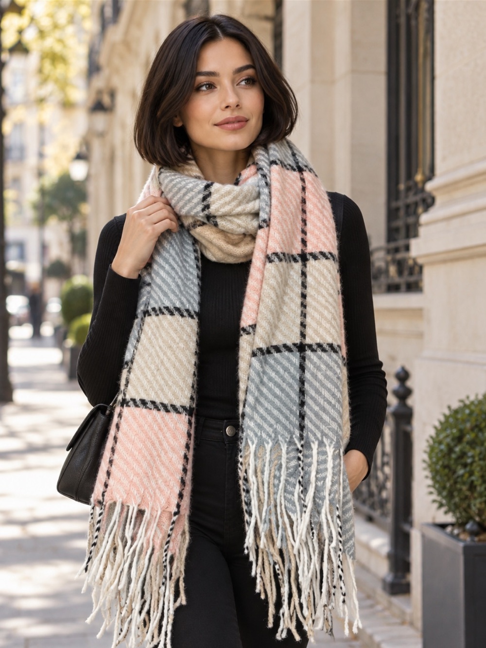 Gorgeous Pastel Plaid Fringe Scarf in Pink, Light Blue & Cream by Saki❤️72x24